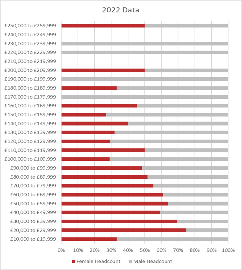 Headcount by gender and salary band 2022 data table