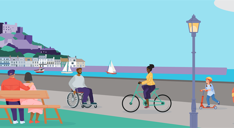 Animation showing various people walking, cycling and sitting on a bench at Gorey harbour