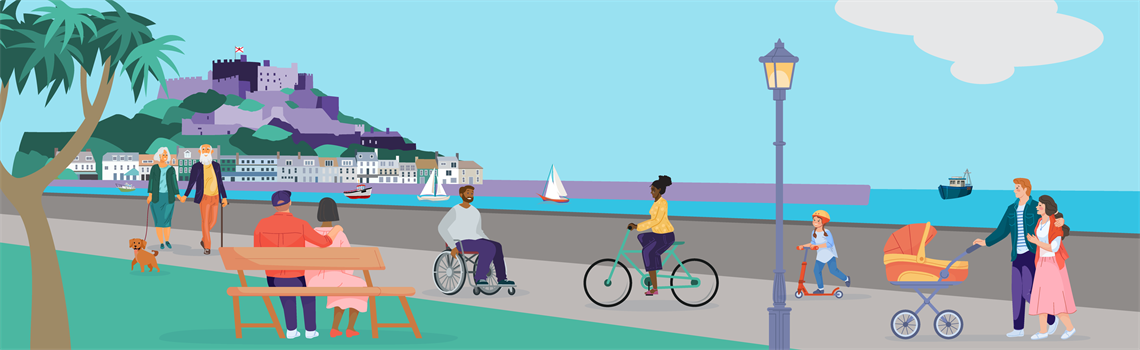 Animation showing various people walking, cycling and sitting on a bench at Gorey harbour
