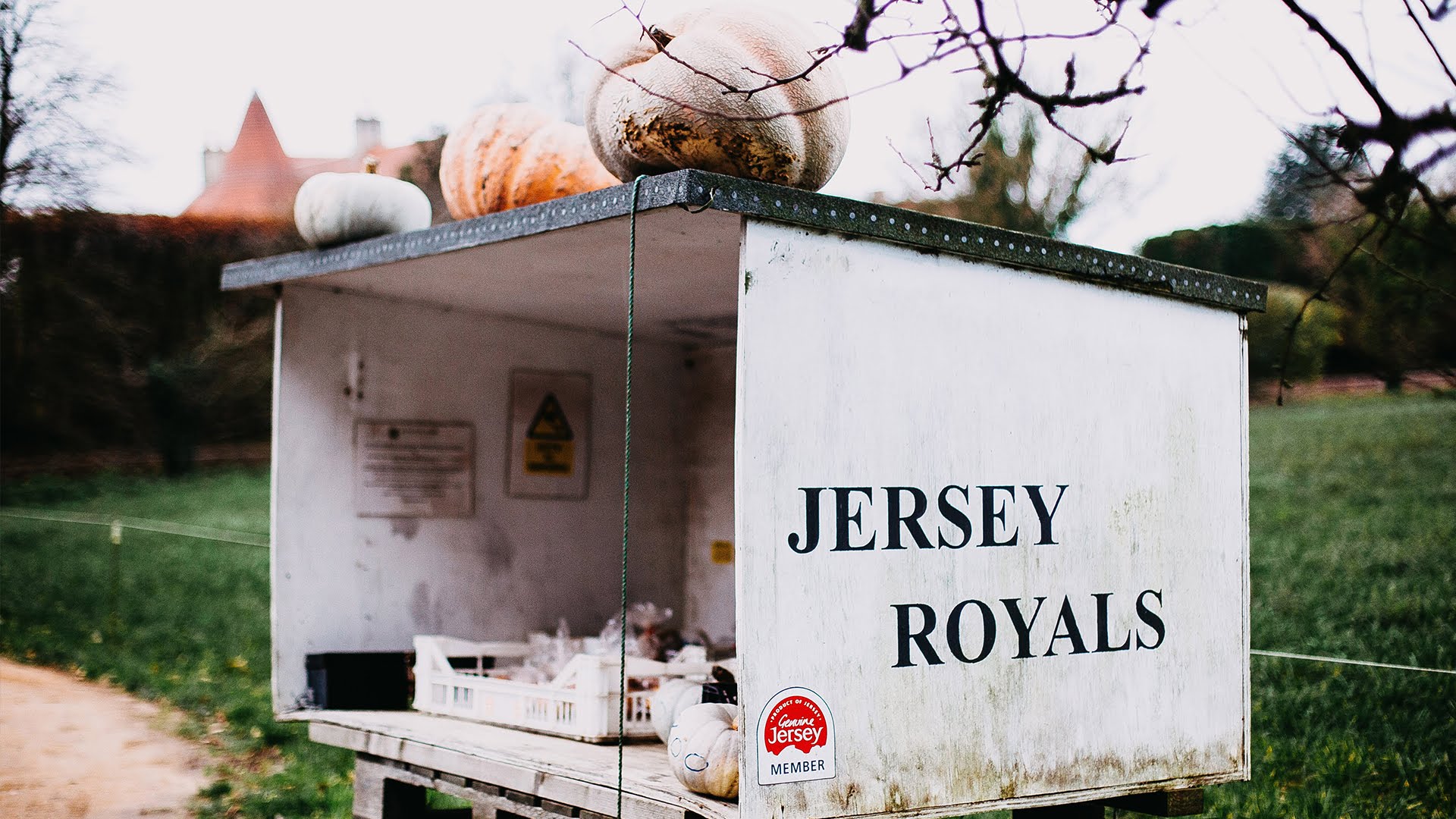 honesty box with vegetables and Jersey royals sign
