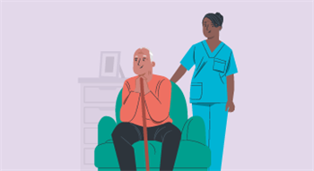 Nurse standing with man in armchair with a walking stick