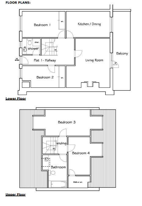 Floor plans of lower and upper floor, lower has 2 bedrooms kitchen, dining, living room, shower, balcony. Upper 2 bedroooms bath