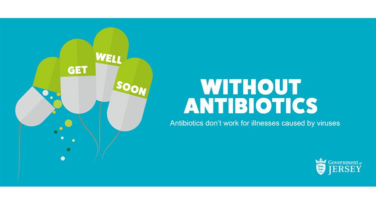 Logo saying Get well soon without antibiotics. Antibiotics don't work for illnesses caused by viruses