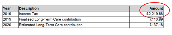 2019 tax bill example with amount of income tax highlighted as the amount to use