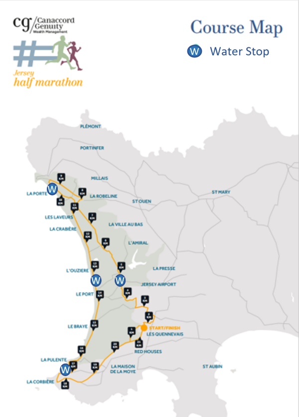 Map of half marathon route around St Brelade, St Peter and St Ouen